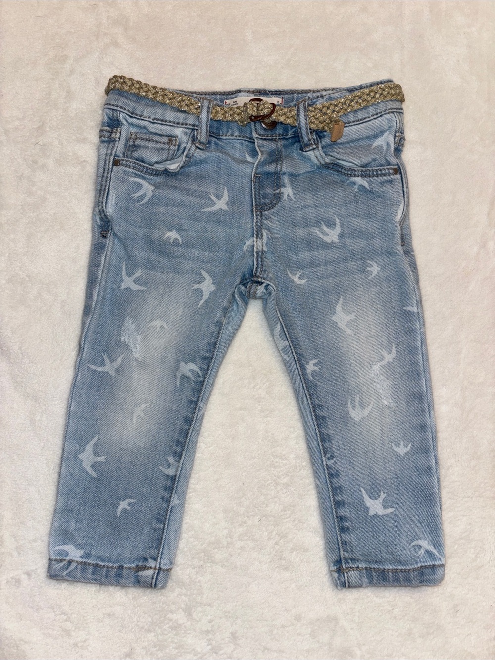 ZARA Light Blue Girls' Denim Jeans with Bird Print 6-9 months baby girl clothing